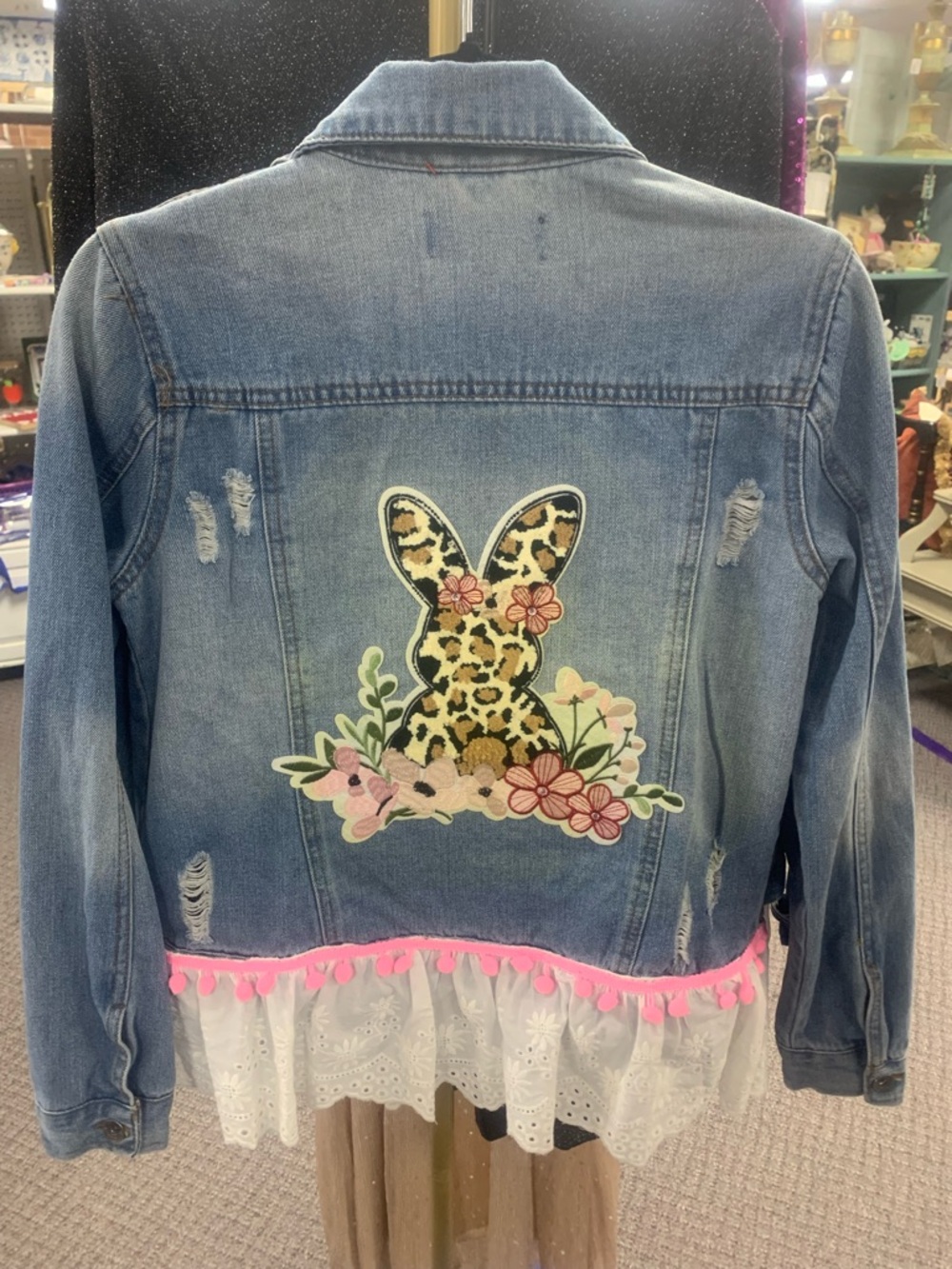 Light Blue Denim Jacket with Leopard Bunny Appliqué & Lace Trim